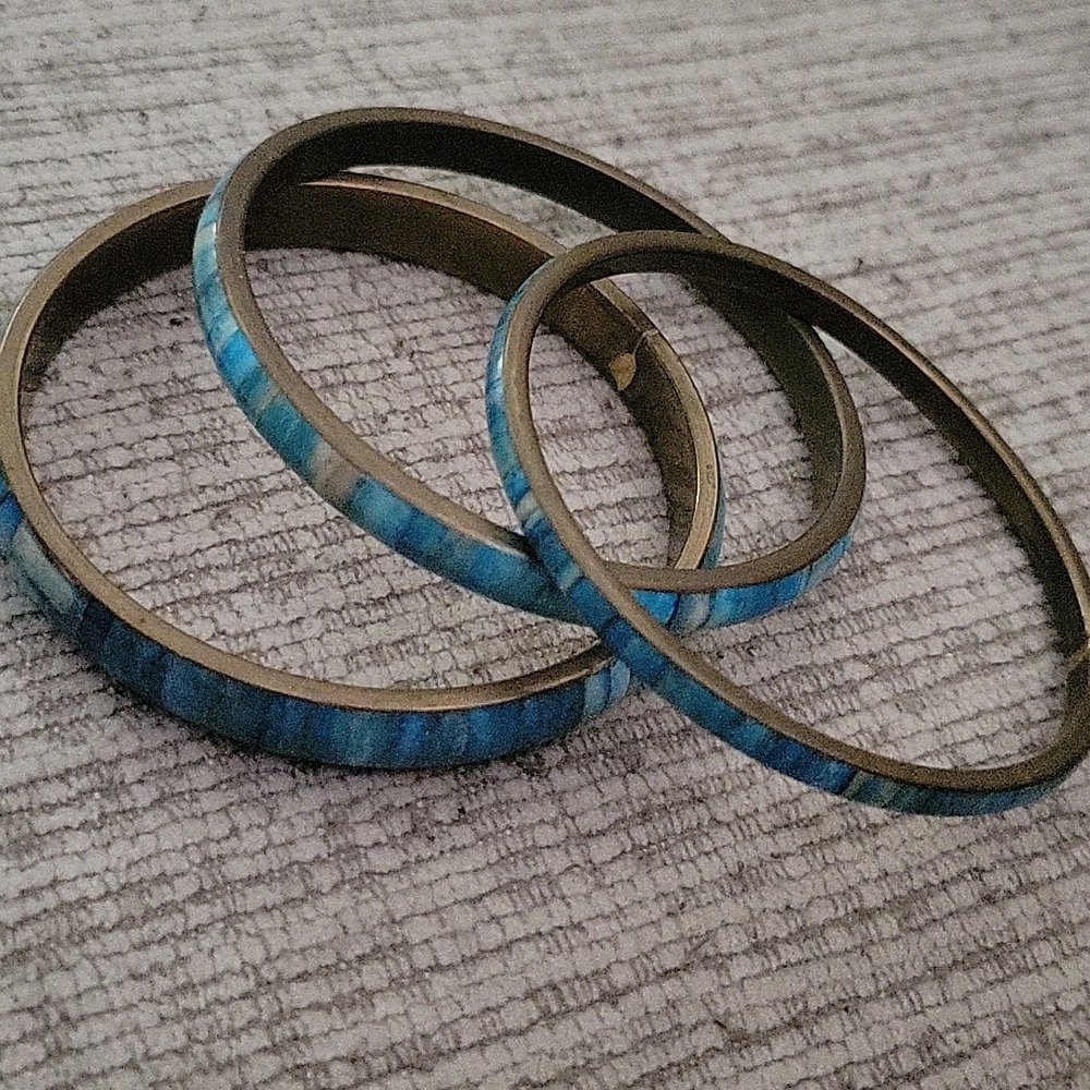 Vintage Boho Brass Inlay Tealwood Blue Bangle Bracelet Set of 3 - Picture 3 of 10